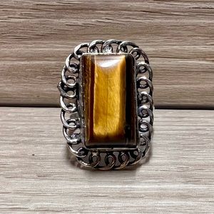 Vintage Handmade Sterling Silver Tiger’s Eye Solitaire Cocktail Ring, Size 5